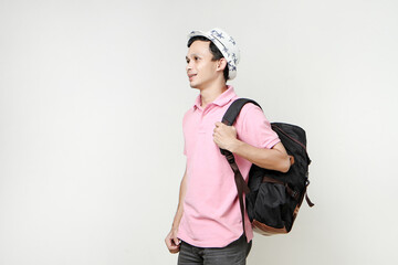 Asian man backpacker portrait. digital nomad and travelling concept. on isolated background