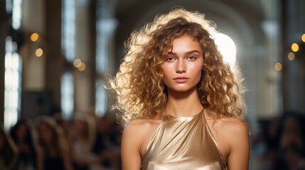 Fototapeta na wymiar A blonde woman with curly hair in a slightly wavy golden dress walks the runway.