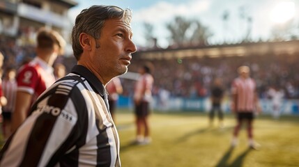 field oversight: a referee's vigilant gaze over the stadium's game - obrazy, fototapety, plakaty