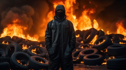 A worker wearing a fire mask stands and looks at the camera. Behind there was black smoke from a tire fire. Rubber cemetery at the rubber incineration plant. Rubber recycling.