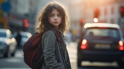 Fototapeta premium A young girl stands with a sad face at a traffic light on a city street.