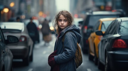 Fototapeta premium A young girl stands with a sad face at a traffic light on a city street.