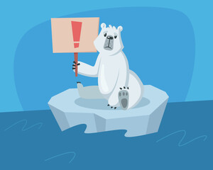 Sad Polar bear with warning sign placard on ice float vector illustration. Polar ice caps melting. Global warming, climate change concept