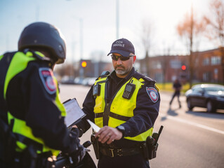 Police officers ensuring safety during a routine traffic stop - obrazy, fototapety, plakaty