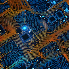 Orange, blue technology background/Orange and blue technology background circuit board and code