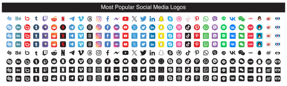 Most Popular Social media icon. Facebook, Instagram, LinkedIn, Line, Netflix, Tencent, QQ, Xiaohongshu, Weibo, RenRen, Reddit, Shazam, Snapchat, Telegram, Threads, TikTok, WeChat, WhatsApp, X, YouTube