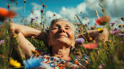 Elderly woman lying in a flowering meadow smiling enjoying nature