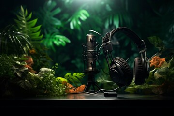 
Microphone and headphones and decorative plants isolated on dark background as a wide banner for live radio or podcast or streamers
