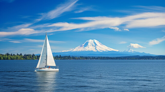 A white sailboat on crystal blue water sailing past Mount Ranier, AI Generative.