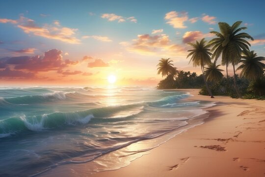 Tranquil Sunset over Tropical Beach with Palm Trees