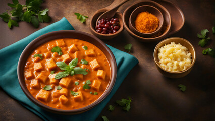 Indian dish paneer butter masala kept on a plate. - obrazy, fototapety, plakaty