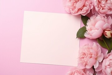 A greetings card with beautiful pink flowers piones on a pink background. Valentines day, wedding or birthday gift card mockup
