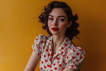 Young woman with retro hairstyle in white blouse with red hearts pattern on yellow background. Vintage fashion, pin-up style, 60s. Banner with copy space. Valentine's Day, Women's Day concept