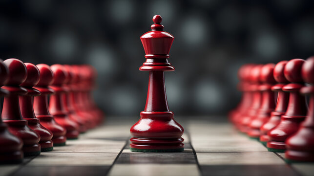 Leadership concept. Red figure of chess, standing out from the crowd of pawns. 