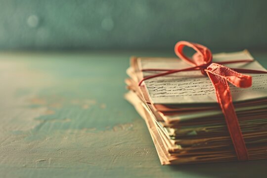 Stack of old paper letters tied with red ribbon on wooden table. Vintage correspondence, romantic mail, poetry or diary concept. Faded nostalgic background with copy space. Valentine's Day