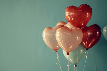 Balloons in the shape of hearts on a blue background. Love and romance concept. Valentine's Day greeting card. Retro aesthetics, 80s and 90s nostalgia