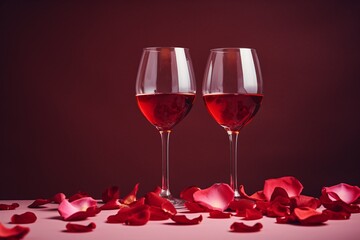 Two glasses of red wine on simple red background. Romantic dinner concept. Petals are scattered on the table. Date night. Love and passion concept. Valentine's Day