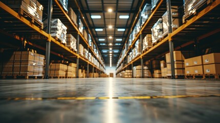 Fototapeta premium Retail warehouse full of shelves with goods in cartons, with pallets and forklifts. Logistics and transportation blurred background. Product distribution center.