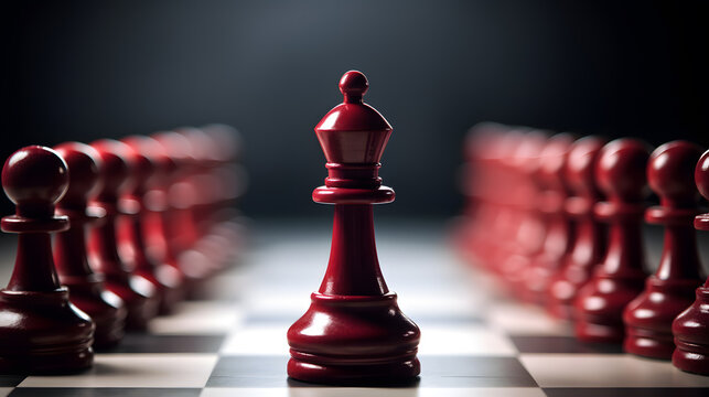 Leadership concept. Red figure of chess, standing out from the crowd of pawns. 