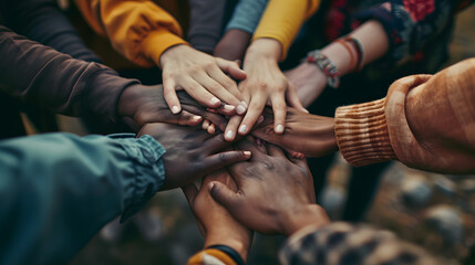 Photo of hands of diverse people unity. No racism and unity of different people concept 