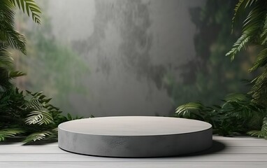 Plants on grey background. Landscape layout 3d rendering empty mockup scene of concrete texture podium for product template. Natural beauty, eco friendly, sustainable concept. AI Generative.