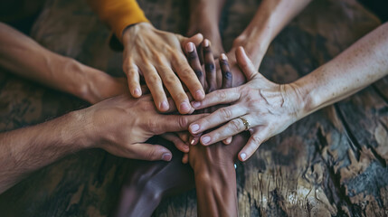 Photo of hands of diverse people unity. No racism and unity of different people concept  - obrazy, fototapety, plakaty