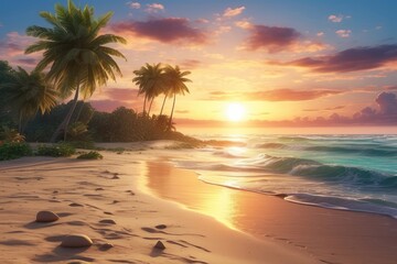 Fototapeta premium Tranquil Sunset over Tropical Beach with Palm Trees