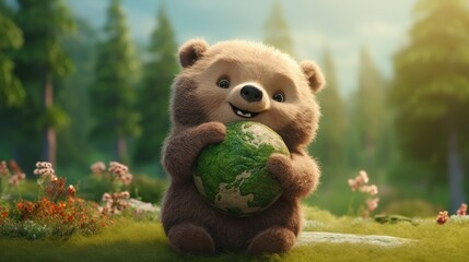 Bear Hugging Embracing Planet Globe Earth for Nature Protection, Earth Day, World Environment Day, Save th World. Zero Carbon Dioxide Emissions - obrazy, fototapety, plakaty