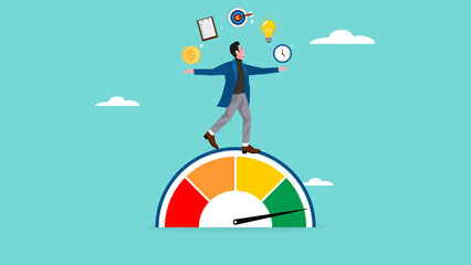 smart businessman on high performance handle multitasks illustration. multitasking job or success talent concept. employee performance or skill for job achievement, work productivity or efficiency