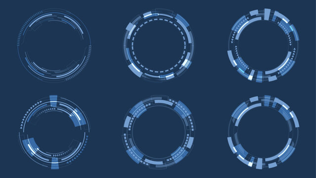 Set of User Interface HUD futuristic style. Abstract circles, geometric shapes, advanced technology, artificial intelligence, cyber security, digital technology on a blue background.