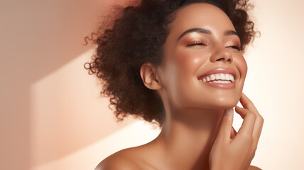 A beautiful black woman is applying cosmetics and smiling brightly. grooming. cosmetics photo, beauty industry advertising photo.