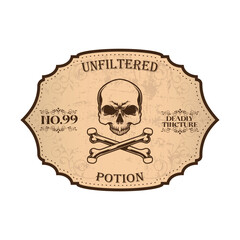Witchcraft potion label design with skull, old paper. Uniqua printable label tag design for party.