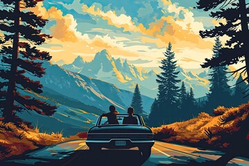 A family on a road trip in a car, contemporary digital art with a flat design aesthetic, with bold color contrasts, simplified shapes, and clean lines