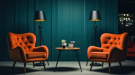 Two red chairs in podcast or interview room on dark green background. - obrazy, fototapety, plakaty