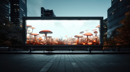 Big screen in the city with a picture of mushrooms.