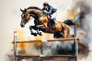 Foto op Canvas Watercolor painting of hurdles in hunter jumper sport with equestrian elements. Generative AI © Melisande