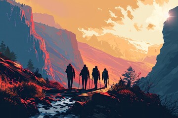 A group of friends hiking in a mountainous landscape, contemporary digital art with a flat design aesthetic, with bold color contrasts, simplified shapes, and clean lines