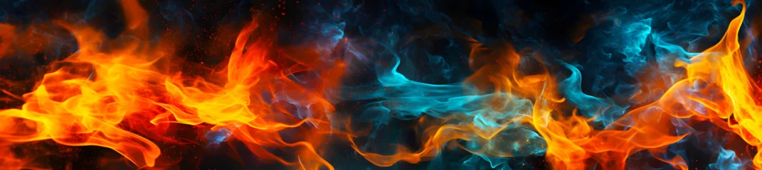 Foto op Plexiglas dynamic scene of orange and blue flames intermingling, suggesting the intense heat and energy of fire against a dark background © weerasak