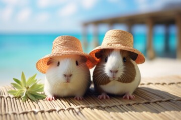 A couple of cute guinea pigs wearing a straw hats on the beach by the ocean