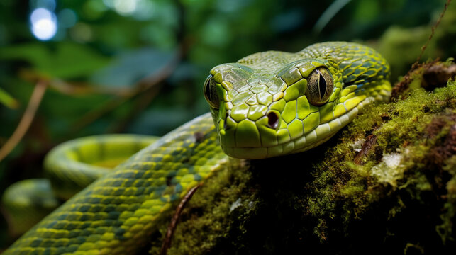 Leptophis ahaetulla parrot snake lora hiding and hanging on tree, AI Generative.