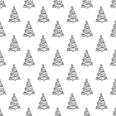 Fototapeta premium Seamless pattern with geometric minimal scandinavian Christmas tree doodle for decorative print, wrapping paper, greeting cards and fabric