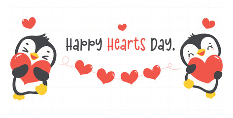 Cute couple penguins Valentine with heart lcartoon drawing  illustration animal banner.
