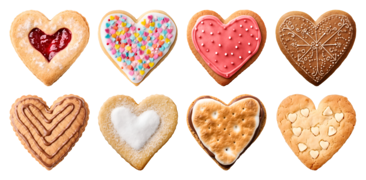 Heart Love shape cookie cookies biscuit, flavour rainbow frosting icing set, on transparent background cutout. PNG file. Many assorted different design. Mockup template for artwork design