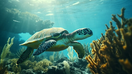 Naklejka na ściany i meble turtle with Colorful tropical fish and animal sea life in the coral reef