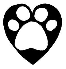 Silhouette of a pet's paw in a heart. Heart isolated on white background. Animal track. Cat or dog. The paw is white. The heart of black. Monochrome illustration. Love for animals.