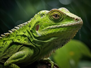 Obraz premium Animal reptile green iguana, Close-up macro photography
