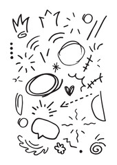 Vector set of different elements. The elements are hand-drawn in doodle style. Cartoon expressions, doodles. Emotions, symbols, signs. On a white isolated background.