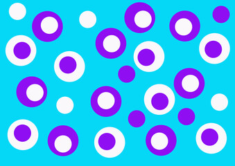 Abstract background. Circles of different sizes in purple and white on a blue background. Circles are inscribed in other circles or are located separately. Asymmetrically located in other circles.