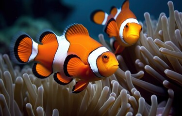 The ocellaris clownfish (Amphiprion ocellaris) swim among the tentacles of anemones, symbiosis of fish and anemones