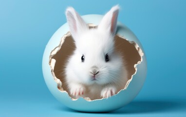 Adorable Easter bunny peeking through blue eggs